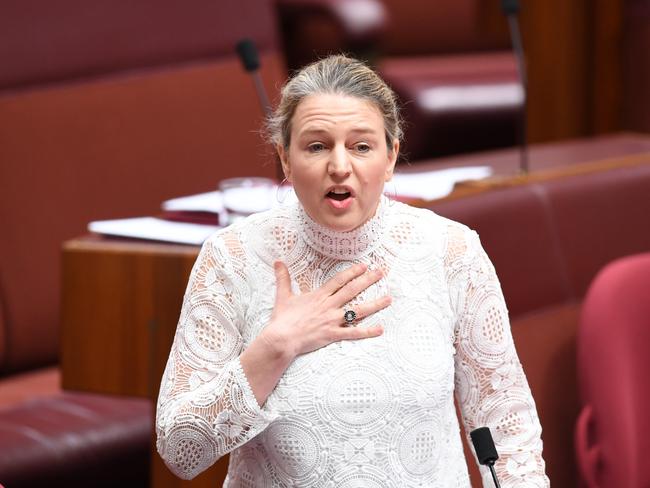 Labor Senator Louise Pratt fights back tears during a debate of anti vilification legislation during the Same Sex marriage survey. Picture: AAP