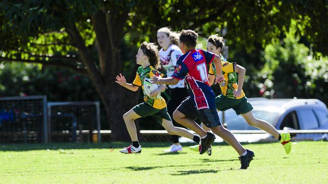 Zander Stewart breaks away to try for Gatton State School in the inaugural Primary Interschools Reconciliation Touch Carnival hosted by Glenvale State School, Wednesday, May 28, 2025. Picture: Kevin Farmer