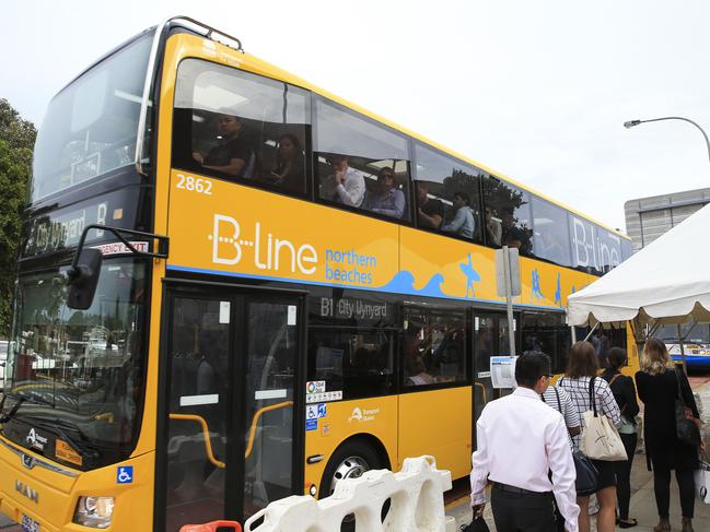 A B-line bus at the Warringah Mall stop, which has been named as a street drinking hot spot on the northern beaches. Picture: Dylan Robinson