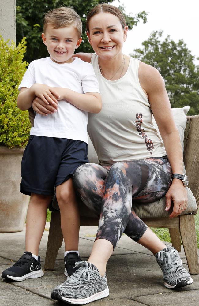 Star trainer Michelle Bridges with son five-year-old Axel, who starts school on Thursday. Picture: Jonathan Ng. Picture: Jonathan Ng