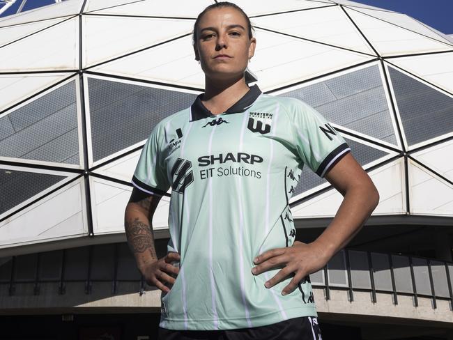 MELBOURNE, AUSTRALIA - OCTOBER 10: Chloe Logarzo of Western United poses for a photograph during the Melbourne Victory, Melbourne City & Western United 2024-25 A-League Season Launch Media Event at AAMI Park on October 10, 2024 in Melbourne, Australia. (Photo by Daniel Pockett/Getty Images)