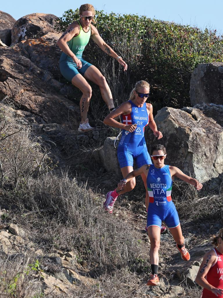 Italy's Marta Meditto makes it two wins from two races and claims the 2024 Cross Duathlon World title in Townsville. Picture: Stephen Harman.
