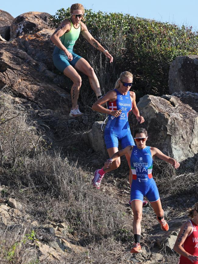 Italy's Marta Meditto makes it two wins from two races and claims the 2024 Cross Duathlon World title in Townsville. Picture: Stephen Harman.