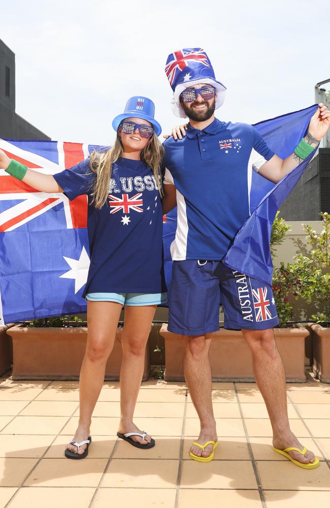 Bella Nilsson and Adrian Fowler with Australia Day products. Picture: Dylan Robinson