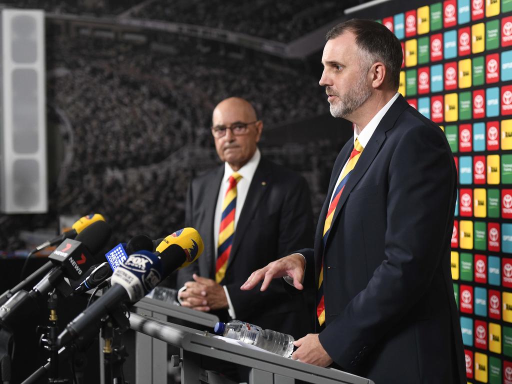 Crows Chairman John Olsen and chief executive Tim Silvers. Picture: Naomi Jellicoe