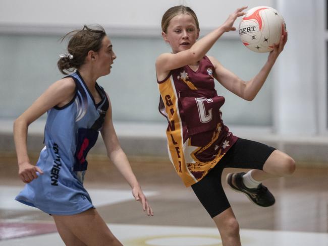 day three of the School Sport SA Sapsasa Netball Carnival.  -  Country Year 7 Division 1: Gawler v Southern Fleurieu (blue) at Priceline Stadium , 2 June 2021. Picture Simon Cross