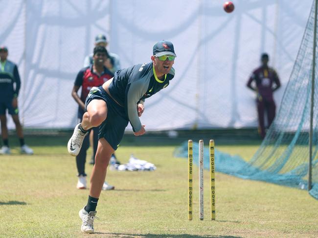 GALLE, SRI LANKA - FEBRUARY 04: Todd Murphy of Australia bowls during an Australia nets session at Galle International Stadium on February 04, 2025 in Galle, Sri Lanka. (Photo by Robert Cianflone/Getty Images)