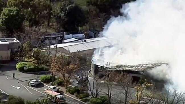 Smoke billows from Balgownie Estate after a kitchen fire at the Yarra Glen winery and restaurant. Picture: Channel 7