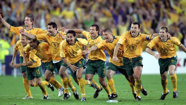 NEWS: Socceroos players celebrate after John Aloisi kicked winning penalty goal as Australia defeated Uruguay 4-2 in a penalty shoot-out at Tesltra Stadium, Olympic Park, Homebush in Sydney to qualify for 2006 FIFA World Cup in Germany.