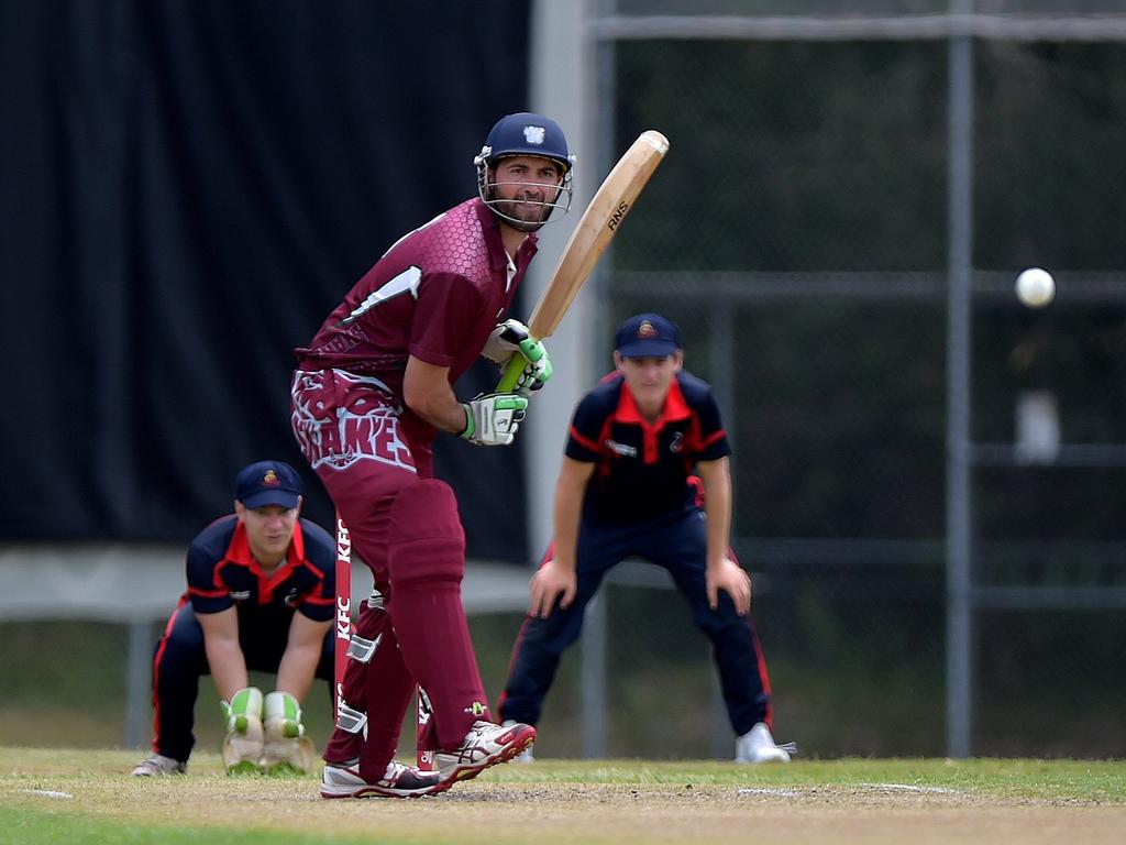 Maroochydore host Caboolture in the one day cricket grand final. Caboolture batsman Glen Batticciotto keeps an eye on the ball.