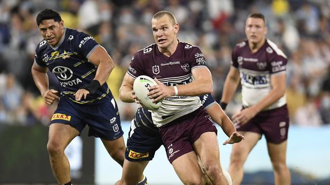 Tom Trbojevic of the Sea Eagles makes a break during the round 25 NRL match between the North Queensland Cowboys and the Manly Sea Eagles at QCB Stadium, on September 04, 2021, in Townsville, Australia. (Photo by Ian Hitchcock/Getty Images)