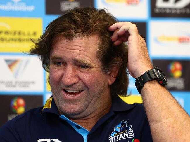 GOLD COAST, AUSTRALIA - MARCH 30: Des Hasler head coach of the Titans speaks to the media during the round four NRL match between Gold Coast Titans and Dolphins at Cbus Super Stadium, on March 30, 2024, in Gold Coast, Australia. (Photo by Chris Hyde/Getty Images)