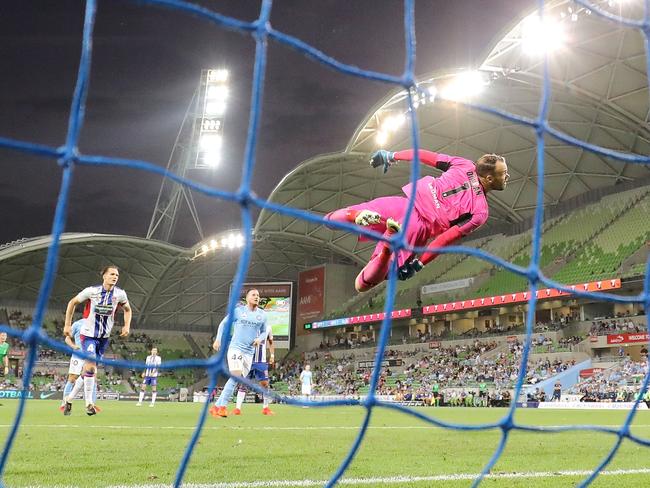 Jack Duncan of the Jets jumps to save the ball during the Round 18 A-League match at AAMI Park. Picture: Getty Images