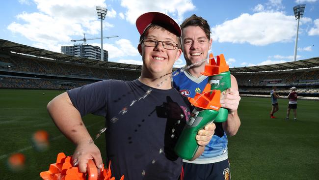 Lachie Neale with assistant trainer Jack Baggoley, 19, of Wynnum. Picture: Liam Kidston