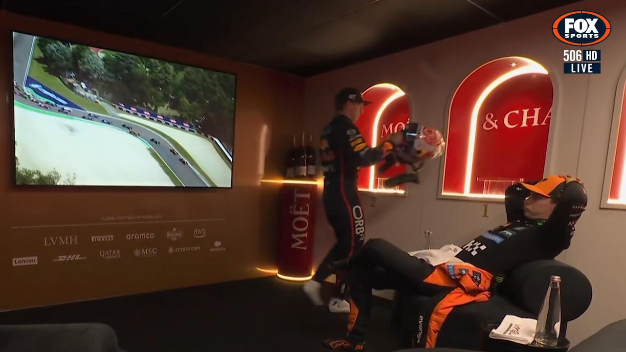 Oscar Piastri re-watches Verstappen's overtake on him in the cooldown room. Photo: Fox Sports.