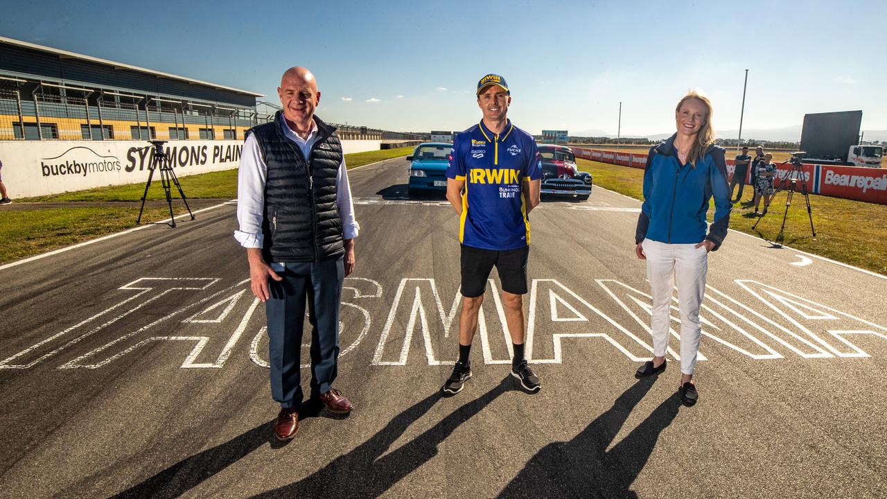 Premier Peter Gutwein, Mark Winterbottom driver, Minister Sarah Courtney. Supercars event at Symmons Plains. Picture: Angryman Photography