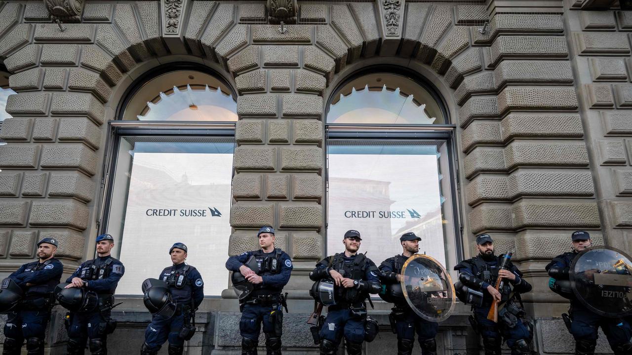 Riot police officers take position in front of the headquarters of Credit Suisse bank in Zurich. Picture: AFP