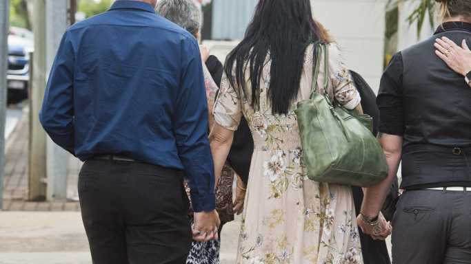 Alexis Jefferys stepfather Chris Allen and mother Elana Jeffery leave the Toowoomba Supreme Court yesterday after Robert Ian Trebeck was found guilty of their daughter's murder the morning of March 16, 2014.. Picture: Nev Madsen