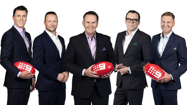 The Sunday Footy Show team: Matthew Lloyd, Nathan Brown, Tony Jones, Damian Barrett and Kane Cornes. Picture: Channel 9/Supplied