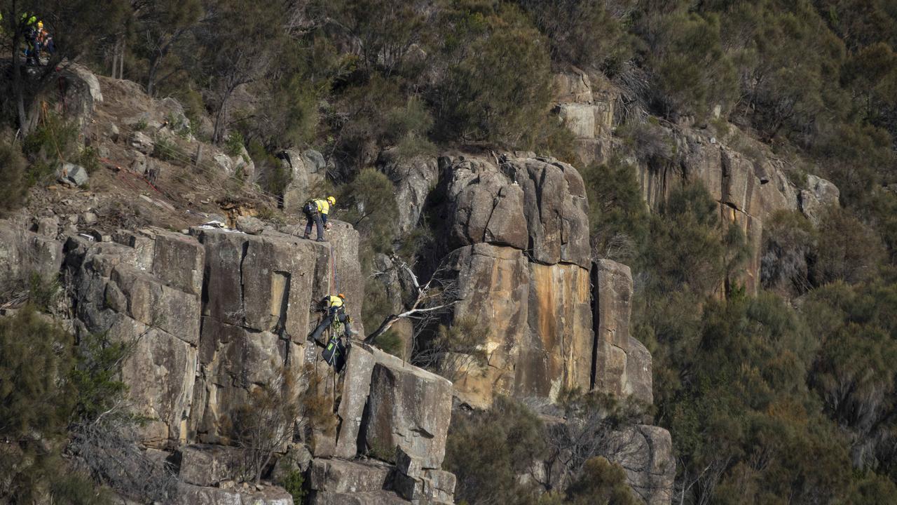 Removal of rock on the Tasman Highway near Orford. Picture ABC News Luke Bowden