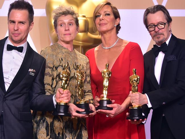 Frances McDormand with fellow winners, Sam Rockwell, Allison Janney and Gary Oldman. Picture: AFP/Frederic J Brown