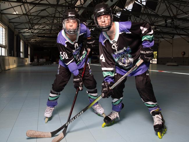 Inline hockey players from South Australia Chet Strawbridge and Mitchell Johnston, both aged 15 are excited for the Tasmania Cup at PW1 which has been transformed into an inline hockey rink.Picture: Linda Higginson