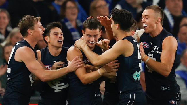 Debutant Jack Carroll kicked a goal in an impressive debut. Picture: Michael Willson/AFL Photos