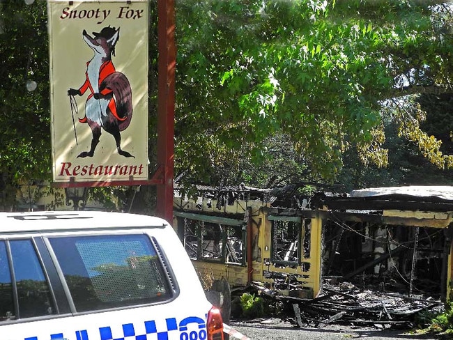 A fire that destroyed iconic Olinda restaurant Snooty Fox last night threatened nearby houses before it was brought under control by at least 30 firefighters by 11pm. Pictures: supplied