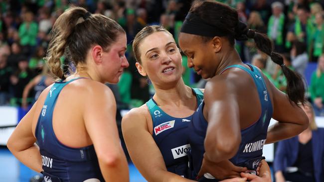 Melbourne Vixen players console each other after losing last year’s Super Netball semi-final match against the West Coast Fever. Photo by Paul Kane/Getty Images.