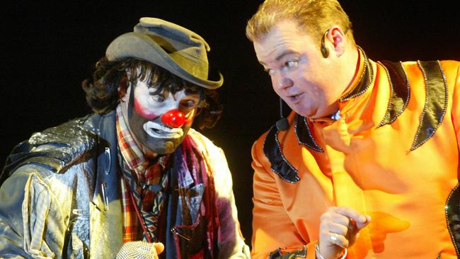 Robert Bruce as Archie the clown with ringmaster Adam St James for the Lennon Bros. Circus. Picture: File.