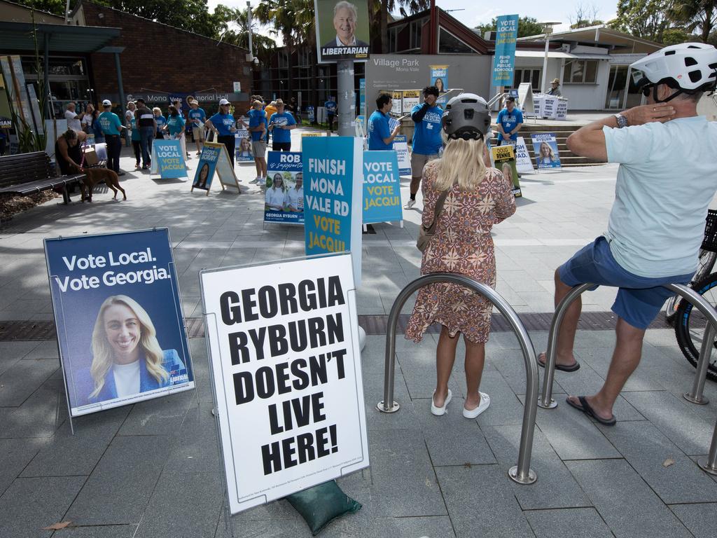 “The Battle of the Locals — posters at the Mona Vale Memorial Hall. Picture: Daily Telegraph / Brendan Read