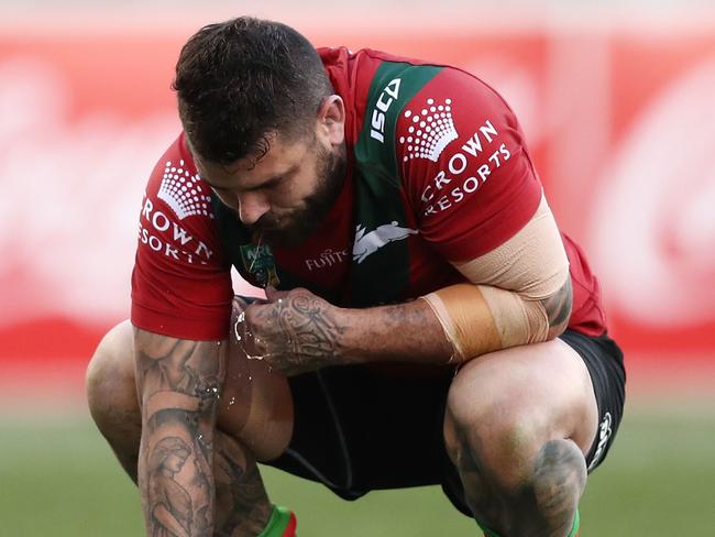 Rabbitohs halfback Adam Reynolds looks on after a Raiders try. Picture: Getty Images