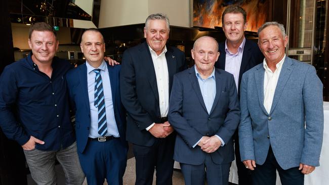 Ben Fordham, Peter V’landys, Ray Hadley, Johnny Tapp, Peter Overton and Ken Sutcliffe at Glass Brasserie. Picture: Tim Pascoe