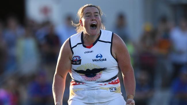 COME ON: An emotional Sarah Perkins after kicking her second goal against the Dogs.