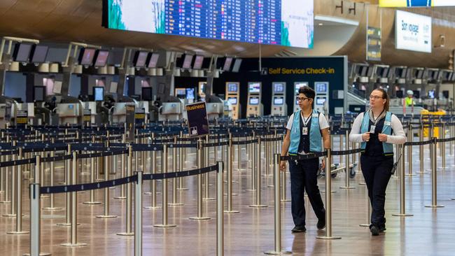 The almost empty check-in hall at Arlanda international airport outside Stockholm, where flights have been cancelled due to concerns over the coronavirus. Picture: AFP