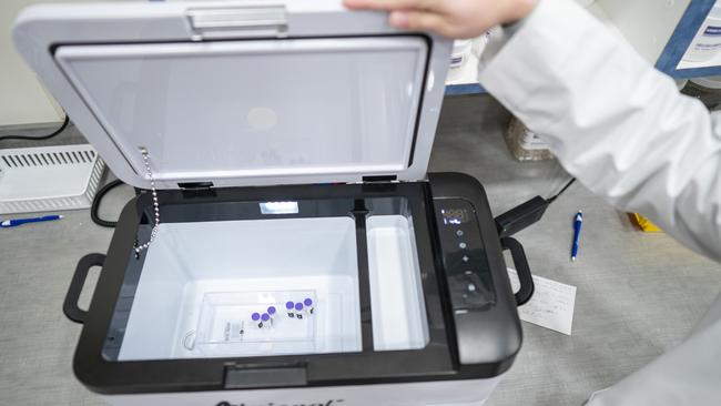 Vials of Pfizer-BioNTech Covid-19 vaccines inside a mobile freezer. Picture: Getty Images