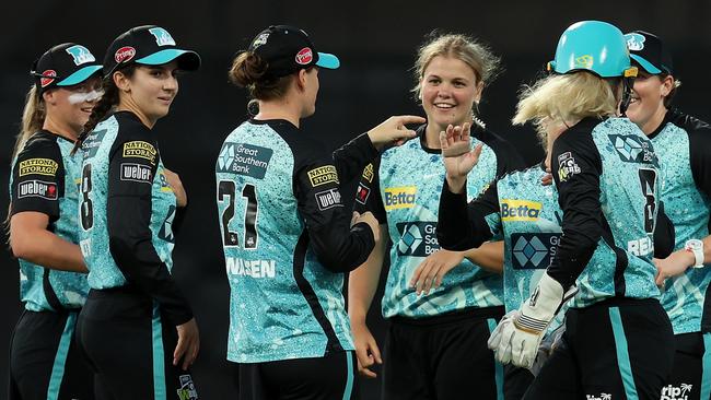 PERTH, AUSTRALIA - NOVEMBER 29: Georgia Voll of the Heat celebrates the wicket of Sophie Devine of the Scorchers during The Challenger WBBL finals match between Perth Scorchers and Brisbane Heat at the WACA, on November 29, 2023, in Perth, Australia. (Photo by Paul Kane/Getty Images)