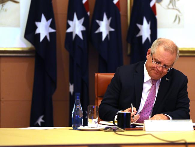 Prime Minister Scott Morrison on a video conference call with the 