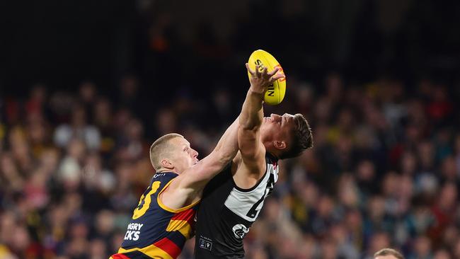 Jordon Sweet wins a hitout. (Photo by Sarah Reed/AFL Photos via Getty Images)