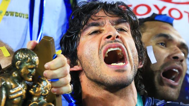 Johnathan Thurston of the Cowboys with the NRL Premiership thophy after their win  during the NRL Grand Final between the Brisbane Broncos and the North Queensland Cowboys at ANZ Stadium, Homebush.     pic Mark Evans