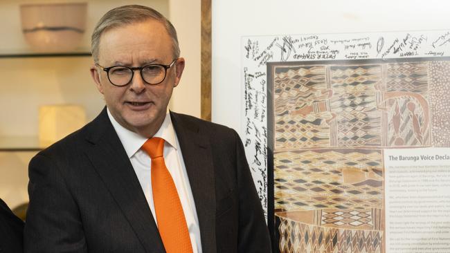 Prime Minister Anthony Albanese at the unveiling of the Barunga Voice Declaration at Parliament House in Canberra. Picture: Martin Ollman