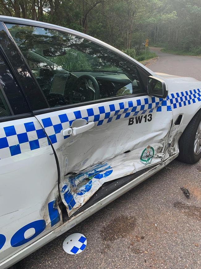 The damaged police car. Picture: Brisbane Water Police/Facebook