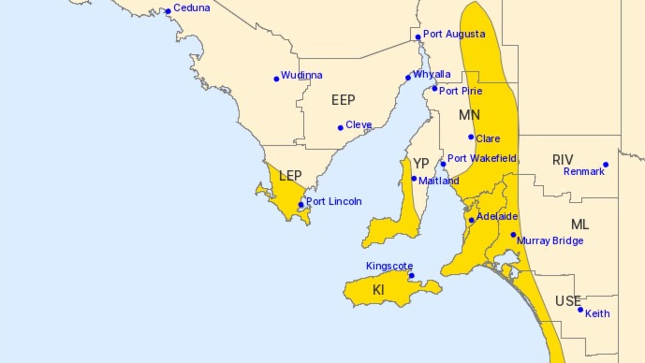 A map issued by the BOM for a severe weather warning . Picture: Bureau of Meteorology