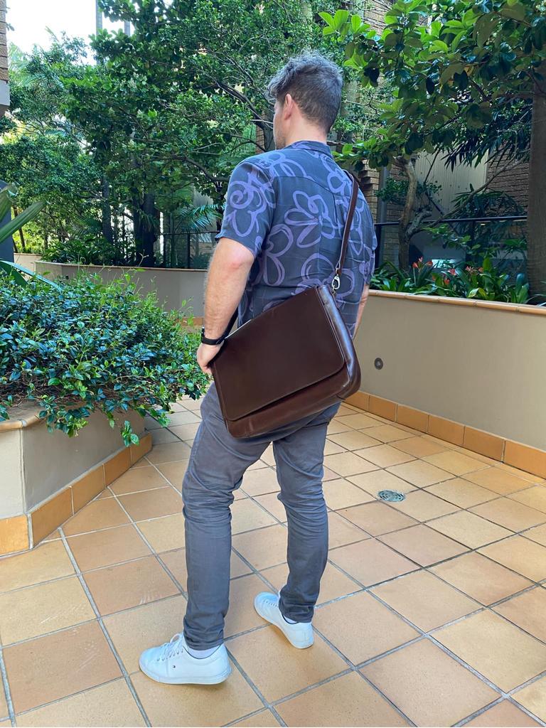 Carismatico Vintage Brown Leather Messenger Bag by The Jacket Maker. Picture: Troy Nankervis