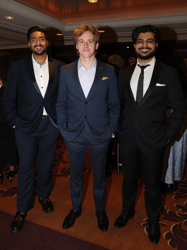 MELBOURNE, AUSTRALIA – MAY 28 2024 Sanjith Konda House, Joey Lorenczak, Shoaib Iqbal at the CommBank Young Hero Awards held at the Langham Hotel in Melbourne. Picture: Brendan Beckett