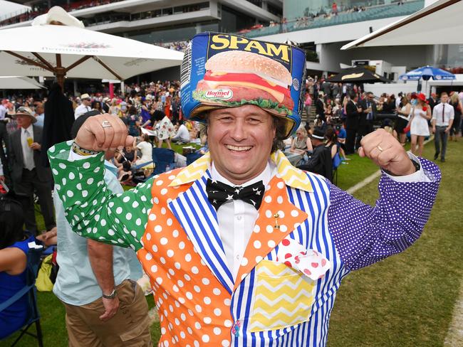 Matthew Holmes wears a Spam fascinator at the 2014 Melbourne Cup. Picture: Jake Nowakowski