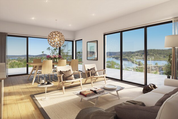 An artist's impression of a typical living area and the sweeping views from ‘Vue’. Picture: Supplied