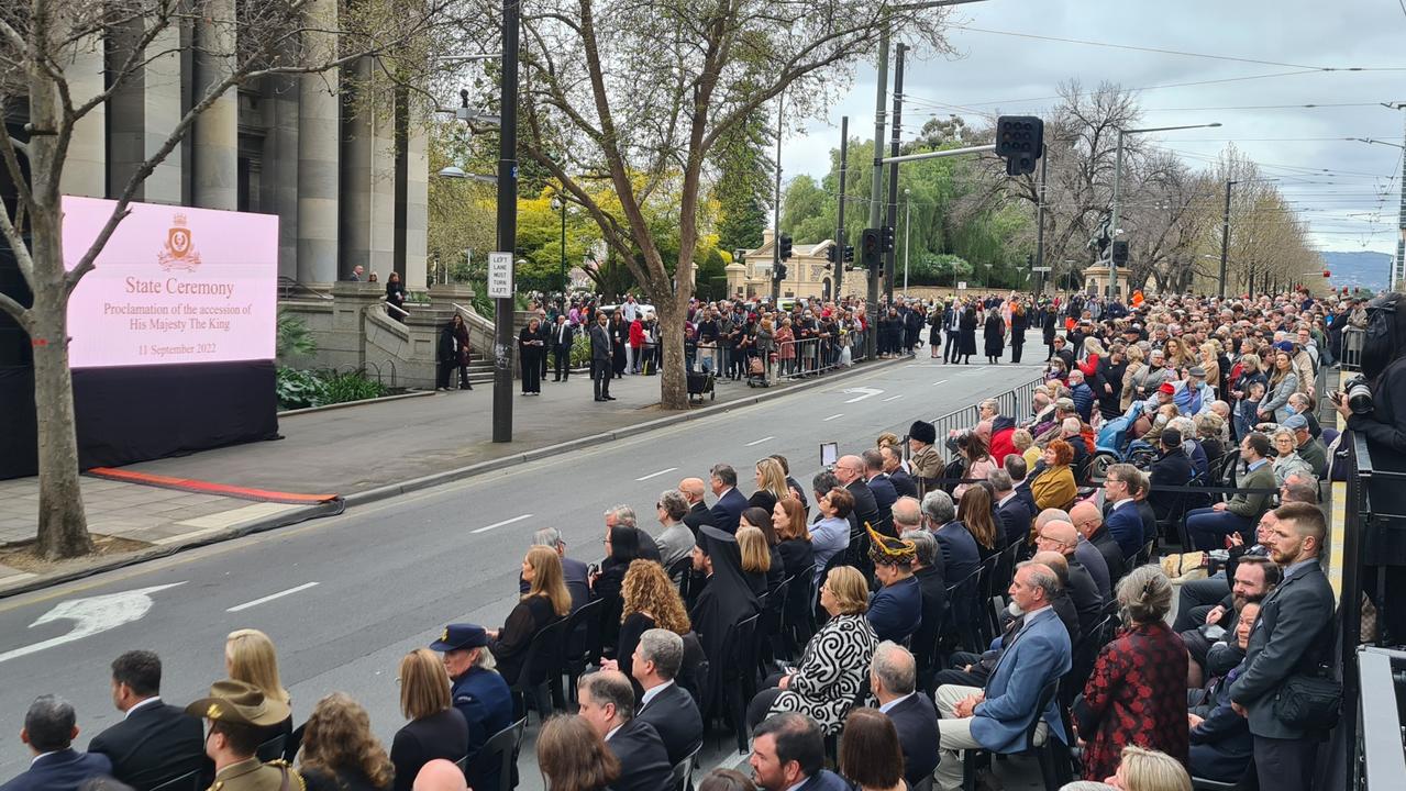 Parliament House, with crowds witnessing the Proclamation of the ascension of King Charles III. Picture: Andrew Hough