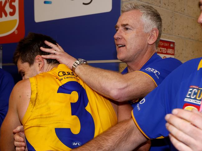 MELBOURNE, AUSTRALIA - AUGUST 20: Andrew Gaff of the Eagles and Adam Simpson, Senior Coach of the Eagles celebrate during the 2023 AFL Round 23 match between the Western Bulldogs and the West Coast Eagles at Marvel Stadium on August 20, 2023 in Melbourne, Australia. (Photo by Michael Willson/AFL Photos via Getty Images)