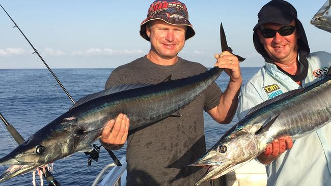 Alex Julius column: As Nathan Wilson (left) and Peter Curtis discovered, when you head way offshore with Arafura Bluewater Charters, you’re likely to encounter some fabulous fish not normally caught inshore… including this brace of wahoo, the greyhounds of the sea.